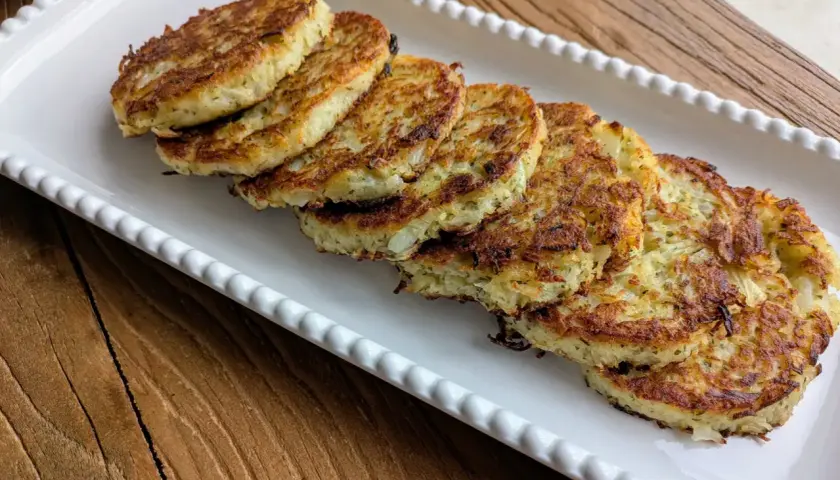 Six galettes de pomme de terre dorées et croustillantes, disposées sur un plat blanc festonné, prêtes à être dégustées.