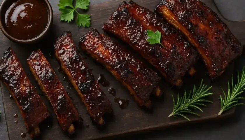 Travers de porc caramélisés, brillants et appétissants, accompagnés d'une sauce barbecue et de romarin frais. Un délice pour les amateurs de viande.