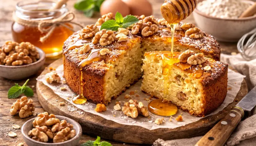 Un gâteau aux noix, arrosé de miel doré, parfait pour une recette gâteau moelleux. Des ingrédients frais et une touche de menthe complètent ce délice.