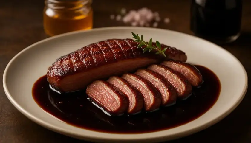 Magret de canard tranché, nappé d'une sauce riche et sombre. Un délice pour accompagner votre plat.