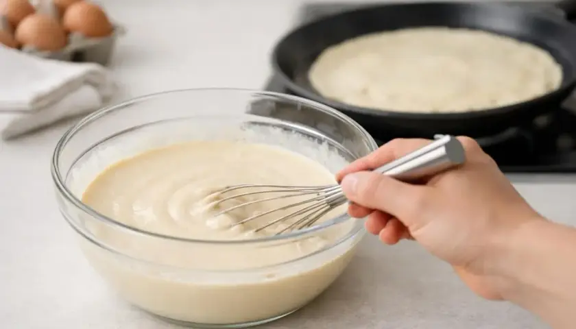 Préparation de la pâte à crêpe dans un bol en verre, avec une crêpe en cuisson dans une poêle au fond.
