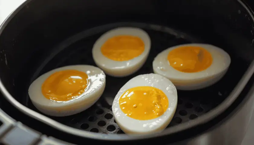 Quatre moitiés d'oeuf dur, avec un jaune coulant, sont disposées dans un airfryer.