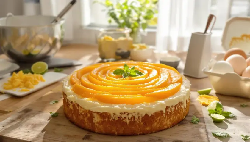 Un délicieux gâteau sans farine, orné de fines tranches de pêche disposées en spirale et d'une touche de menthe fraîche.
