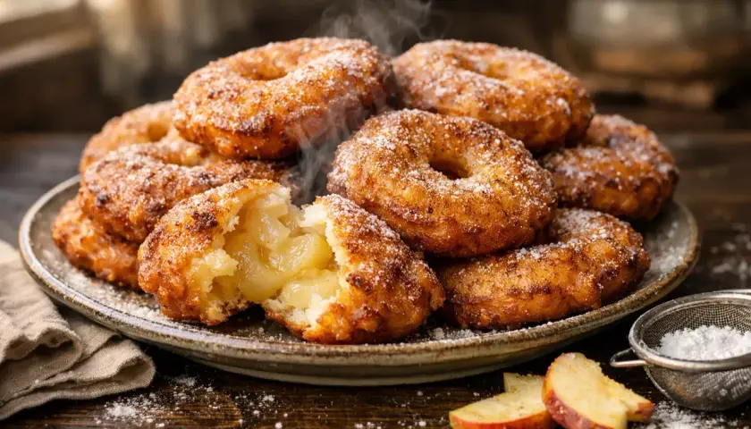 Délicieux beignets aux pommes à lancienne, saupoudrés de sucre glace, avec un cœur fondant.