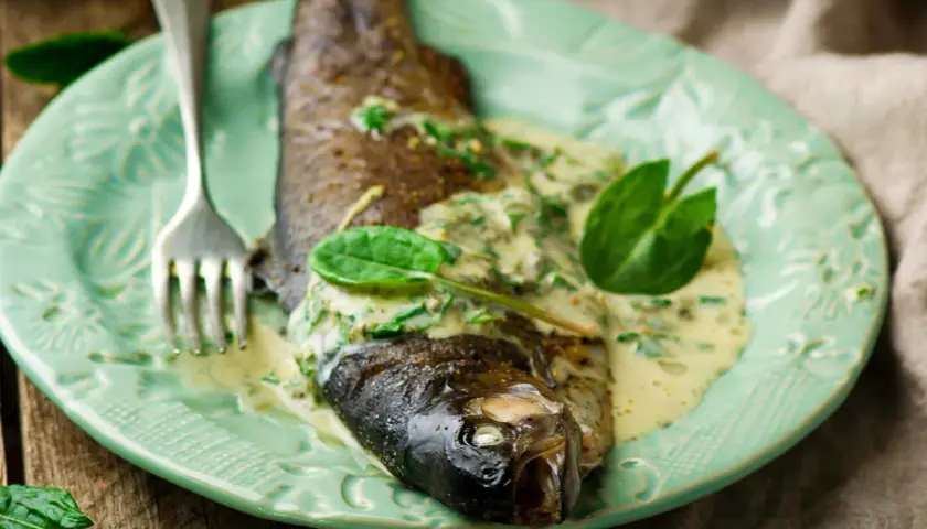 Poisson entier nappé d'une sauce crémeuse à l'oseille, garni de feuilles vertes, sur une assiette menthe.