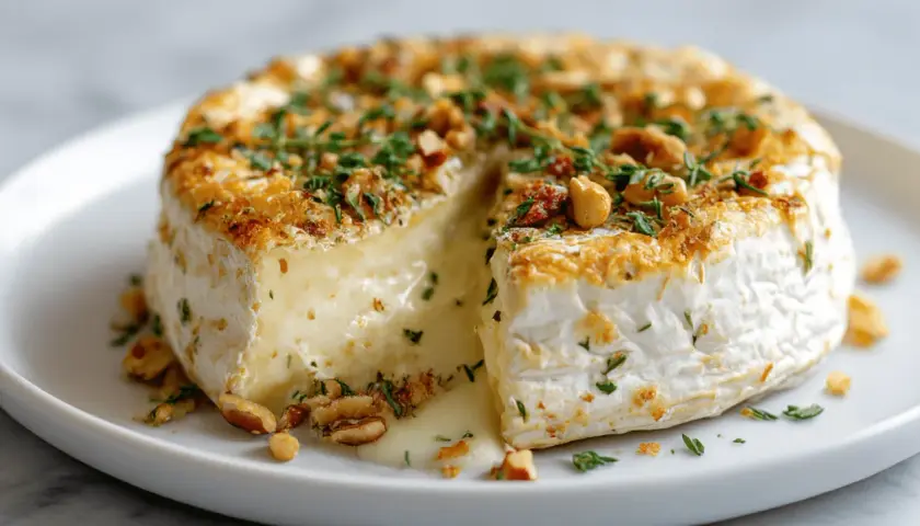 Camembert fondant, doré et garni de noix et persil, tout juste sorti de l'air fryer. Un délice coulant !