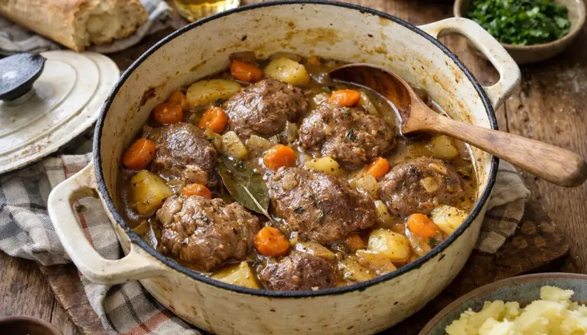 Un plat mijoté de joue de porc au cidre, avec pommes de terre et carottes, servi dans une cocotte en fonte.