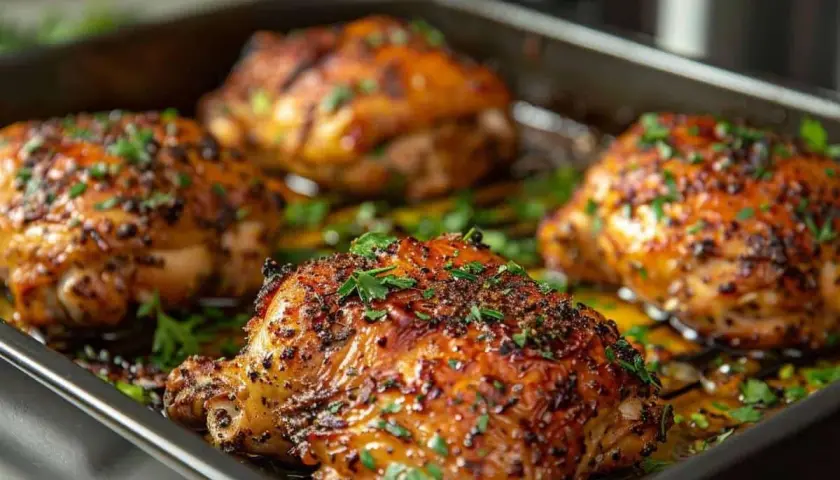 Cuisses de poulet dorées et croustillantes, parsemées de persil frais. Une recette air fryer facile et savoureuse.