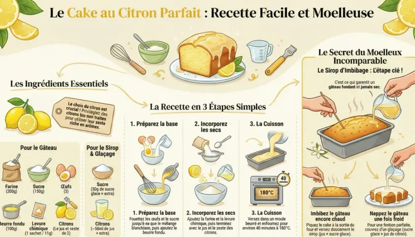Recette cake au citron : ingrédients, étapes simples et secret du moelleux. Un délice à préparer facilement.