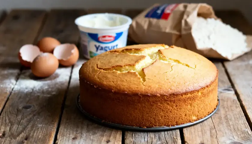 Gâteau doré sur fond de bois, avec des œufs, du yaourt et de la farine. Idéal pour une recette gâteau facile et rapide.