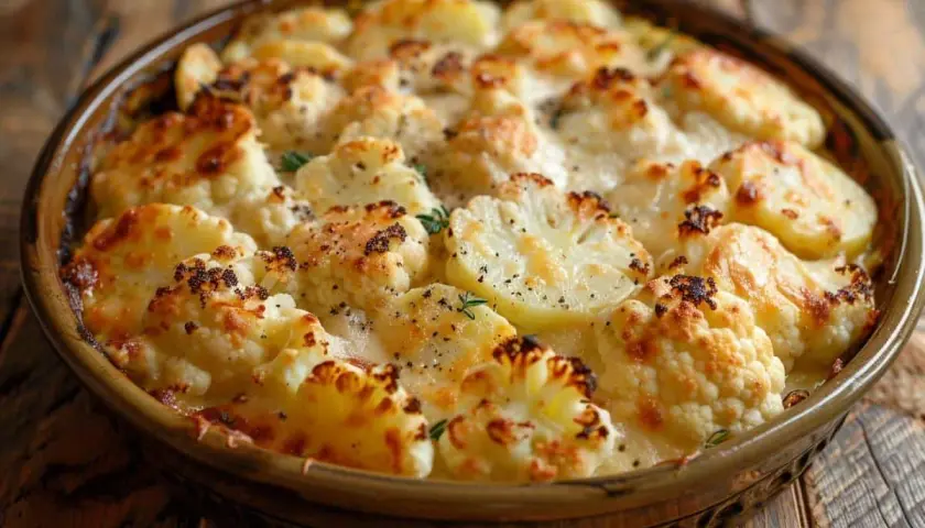 Un délicieux gratin chou fleur pomme de terre, doré et gratiné, prêt à être dégusté.