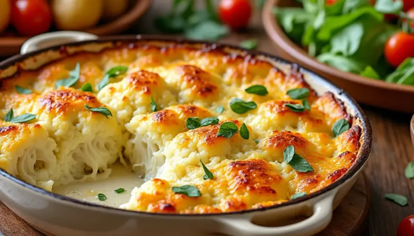 Un gratin de chou-fleur doré et crémeux, garni de feuilles vertes fraîches, prêt à être dégusté.