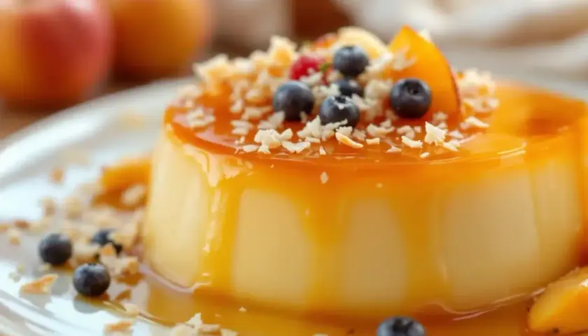Un délicieux flan coco, nappé de caramel et garni de fruits frais et de copeaux de noix de coco. Une invitation à la gourmandise pour une recette facile.