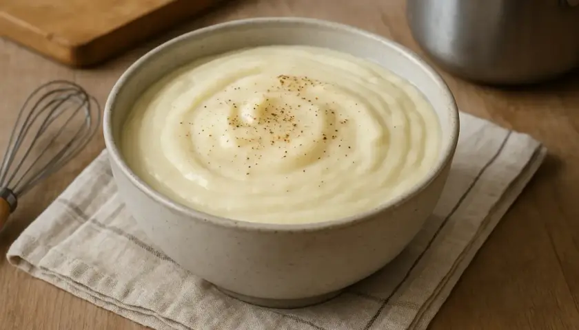 Un bol de béchamel sans beurre, onctueuse et saupoudrée de poivre, prête à être utilisée.