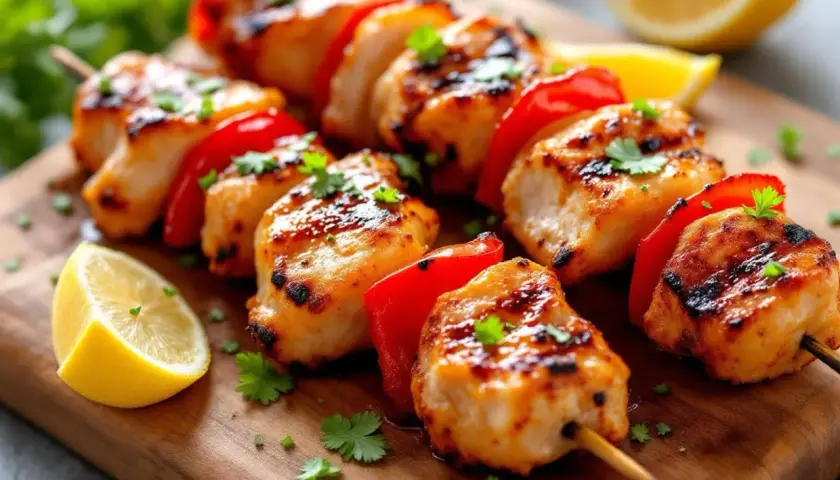Brochettes de poulet grillées, marinées et garnies de poivrons rouges, sur une planche en bois avec des quartiers de citron.