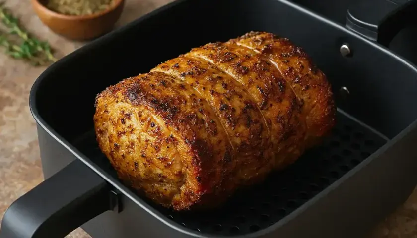 Roti de porc doré et juteux, tout juste sorti de l'air fryer. Assaisonné d'herbes, il est prêt à être dégusté.