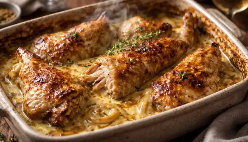 Un plat de lapin au four, doré et fumant, baignant dans une sauce crémeuse. Les herbes fraîches ajoutent une touche de couleur.