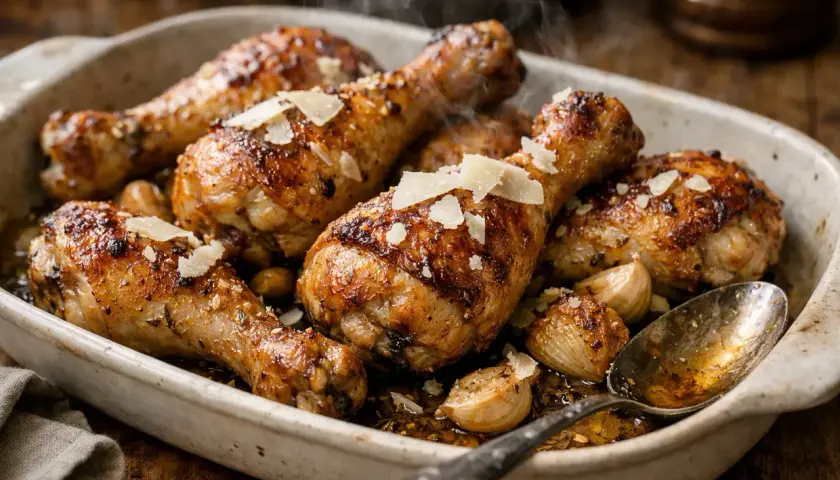 Délicieux pilons de poulet rôtis, parsemés de copeaux de parmesan et accompagnés d'ail confit, fumant dans un plat.