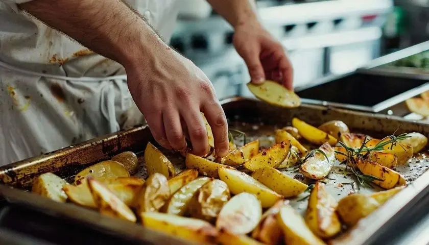 Un chef dispose des quartiers de pomme de terre sauté sur une plaque de cuisson, agrémentés de romarin et d'épices.