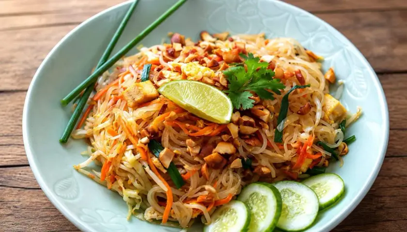 Délicieux Pad Thaï, une recette pleine de saveurs avec nouilles de riz, crevettes, cacahuètes et citron vert.
