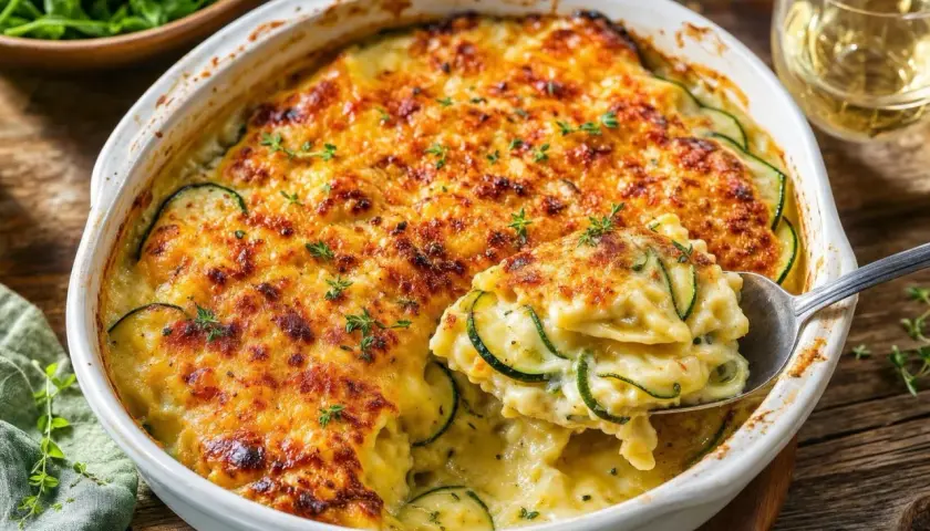Un gratin de ravioles aux courgettes, doré et gratiné, avec une sauce crémeuse et des herbes fraîches. Un délice réconfortant.