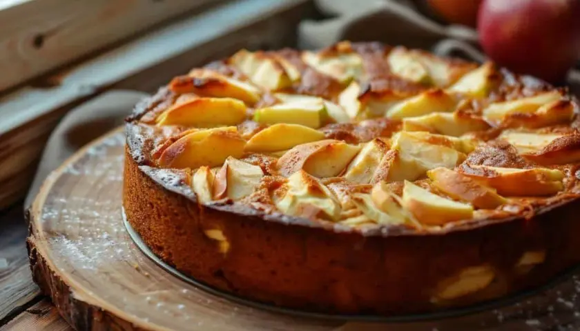 Gâteau yaourt pomme doré, garni de quartiers de pommes caramélisés, saupoudré de sucre glace. Un délice maison.