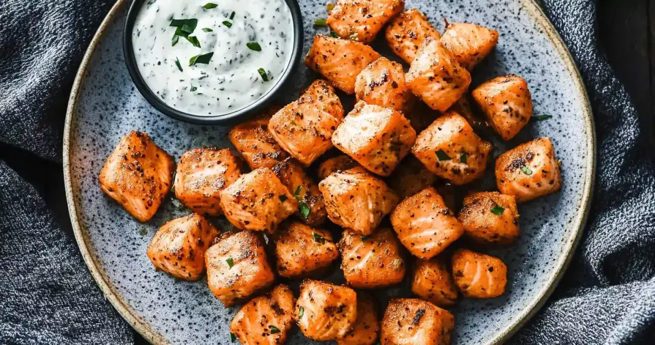 Délicieux saumon air fryer, croustillant à l'extérieur, tendre à l'intérieur, servi avec une sauce crémeuse aux herbes.
