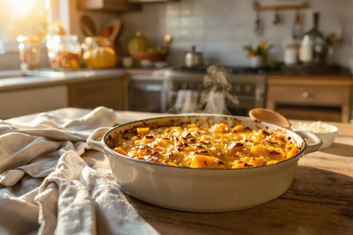 Un gratin de courge fumant sort du four, prêt à être dégusté. La lumière du soleil illumine la cuisine chaleureuse.