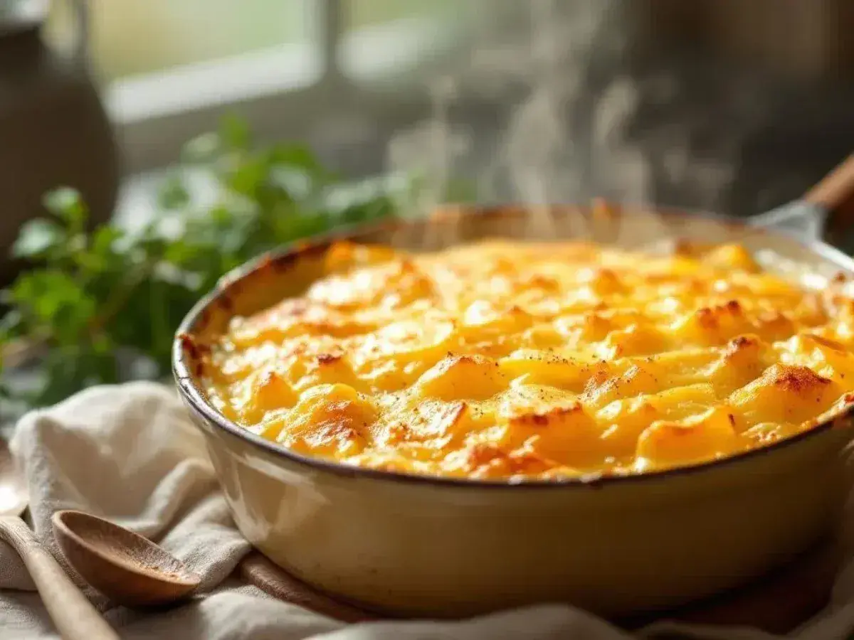 Un plat fumant de gratin dauphinois, doré et crémeux, prêt à être dégusté.