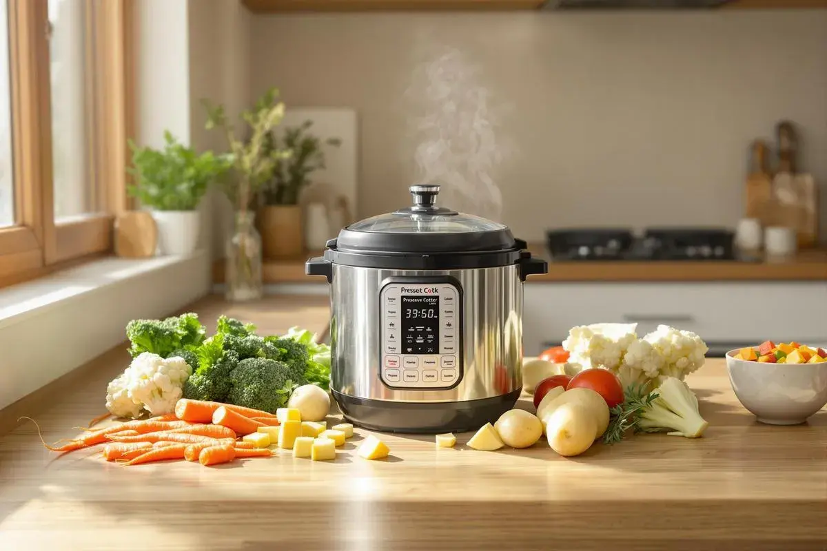 Légumes frais prêts pour la cuisson à la cocotte minute. Le temps de cuisson des légumes à la cocotte minute est affiché : 39:50.