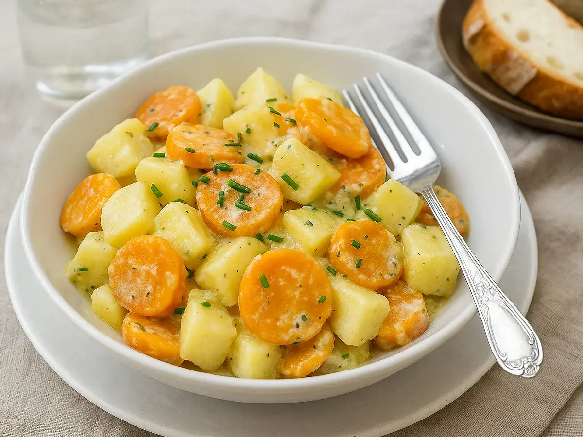 Carottes Vichy et pommes de terre crémeuses, parsemées de ciboulette. Un plat simple et savoureux, parfait pour le Cookeo.
