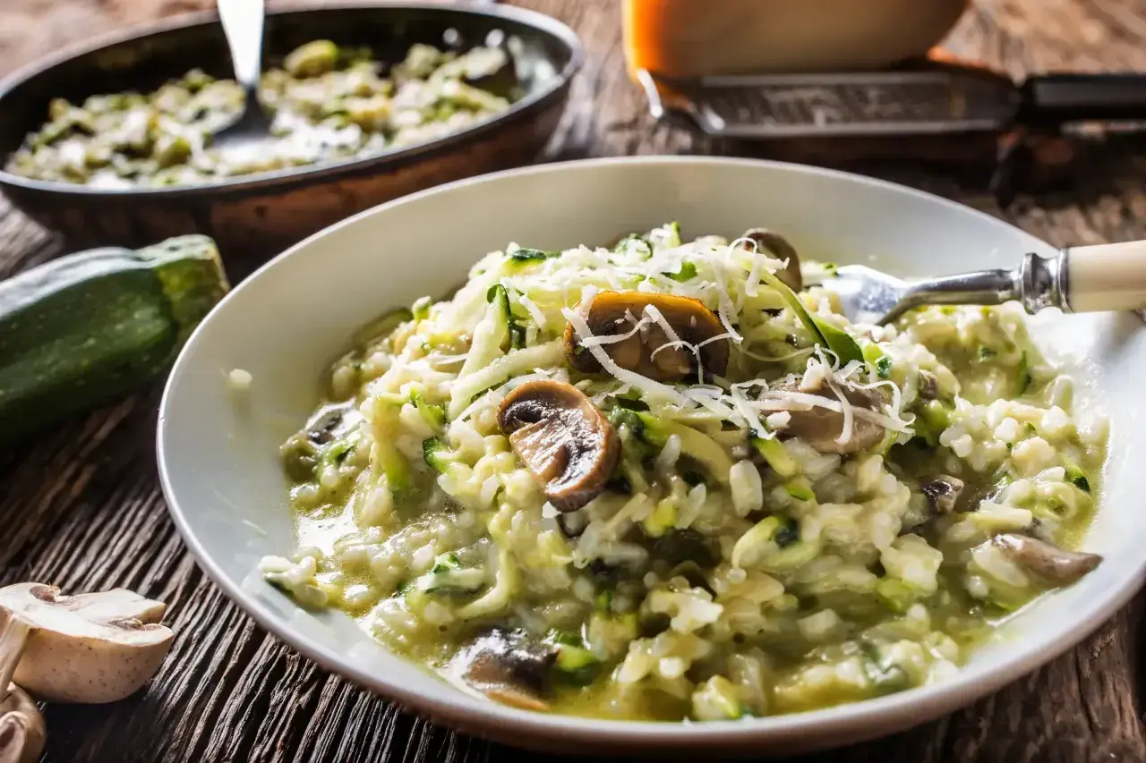 Un crémeux risotto courgette et champignons, garni de parmesan râpé, prêt à être dégusté. Un délice facile à préparer au Cookeo.