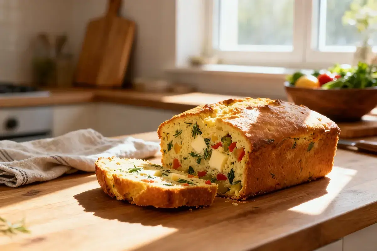 Un délicieux cake salé aux légumes et herbes, parfait pour une recette facile et savoureuse.