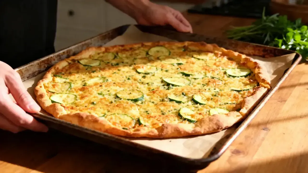 Une galette de courgette dorée et appétissante, garnie de fines rondelles de courgettes et de fromage râpé, sort du four.
