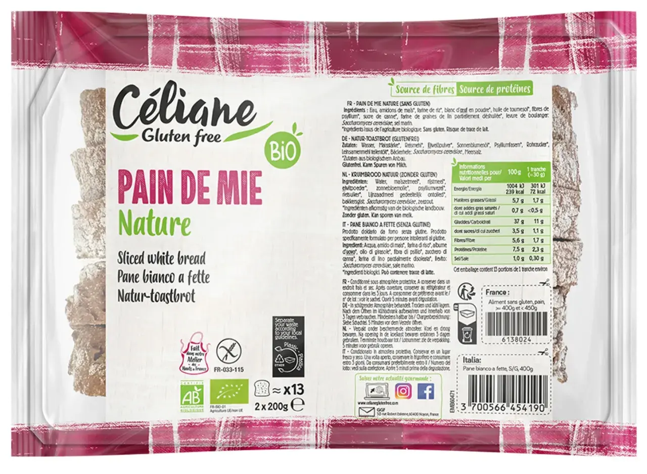 Pain de mie nature sans gluten, idéal pour un petit-déjeuner ou un en-cas sain. Ce pain sans gluten est aussi bio.
