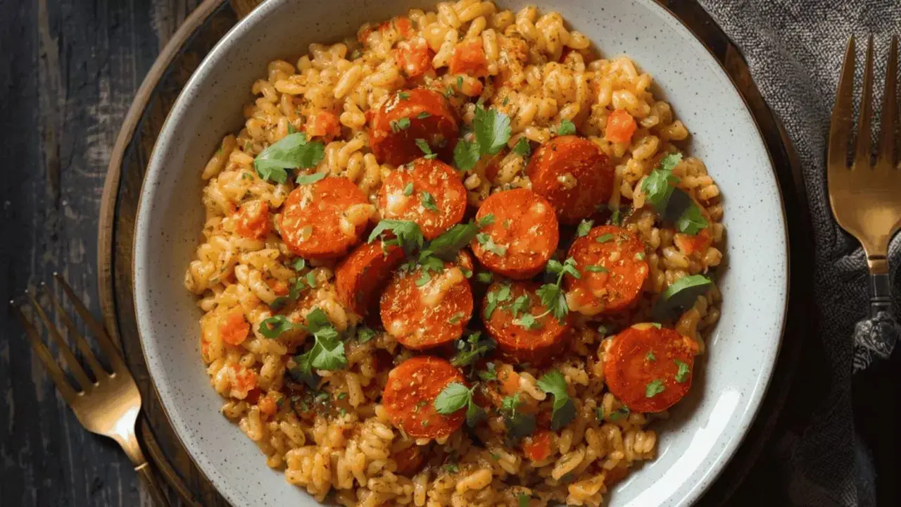 Un délicieux risotto chorizo, facile à préparer au Thermomix, garni de persil frais.