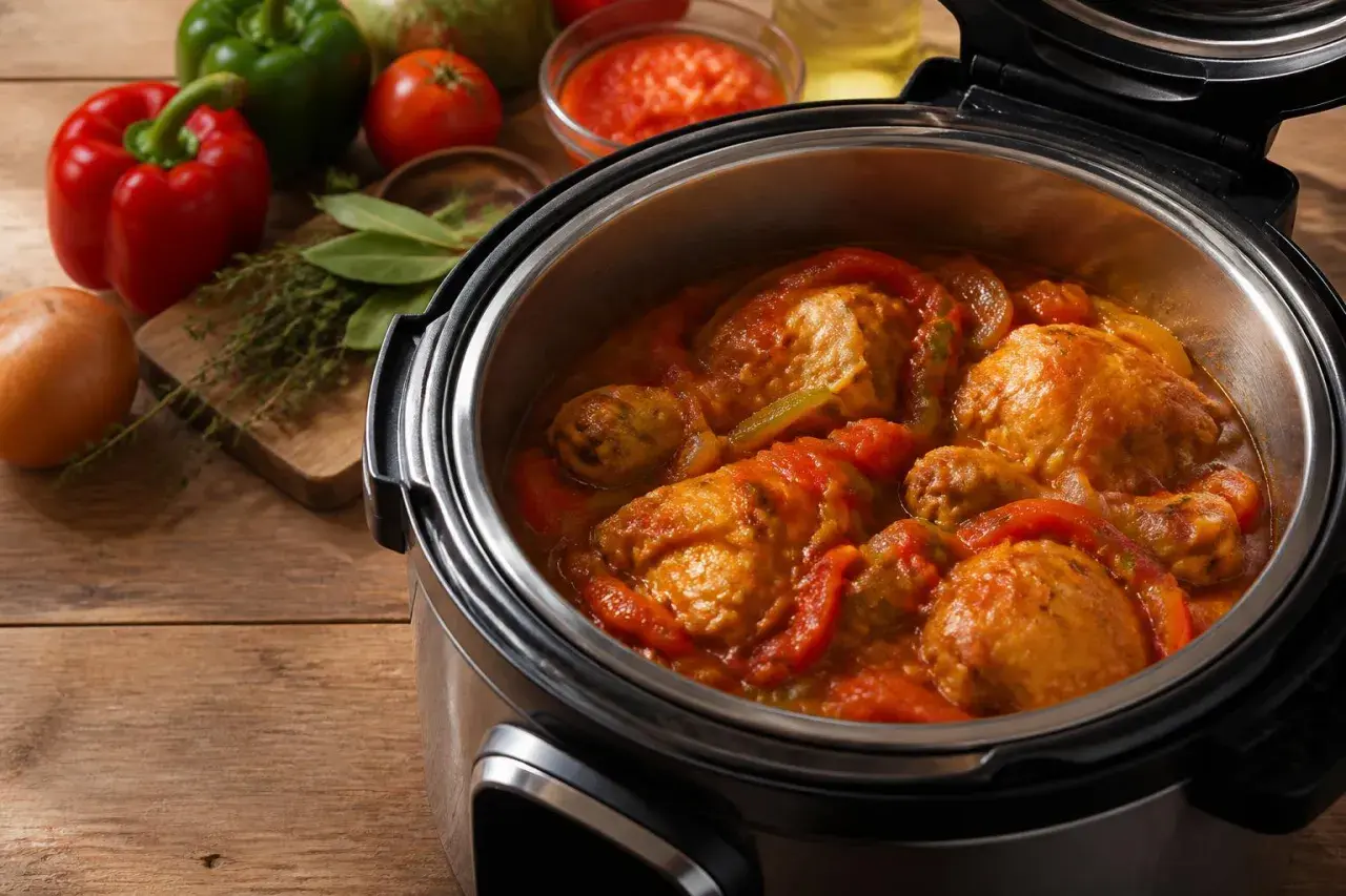Poulet basquaise mijoté dans un Cookeo, avec poivrons, tomates et oignons. Un plat savoureux prêt à être dégusté.