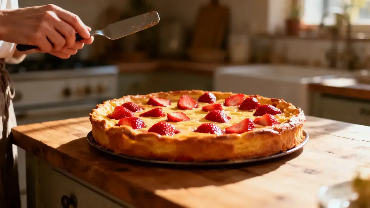 Un délicieux clafoutis aux fraises, doré et garni de fruits rouges, prêt à être servi.