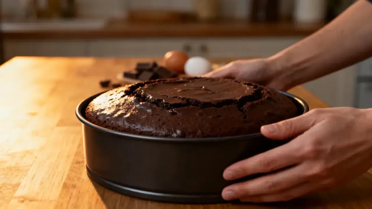 Un gâteau au chocolat tout juste sorti du moule, prêt pour une recette facile. Des ingrédients comme des œufs et du chocolat sont visibles en arrière-plan.