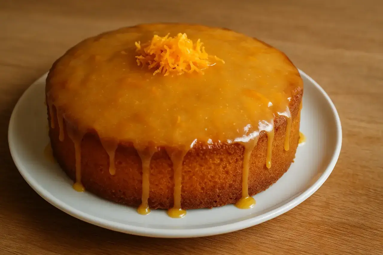 Un délicieux gâteau à l'orange, nappé d'un glaçage brillant et garni de zestes d'orange.