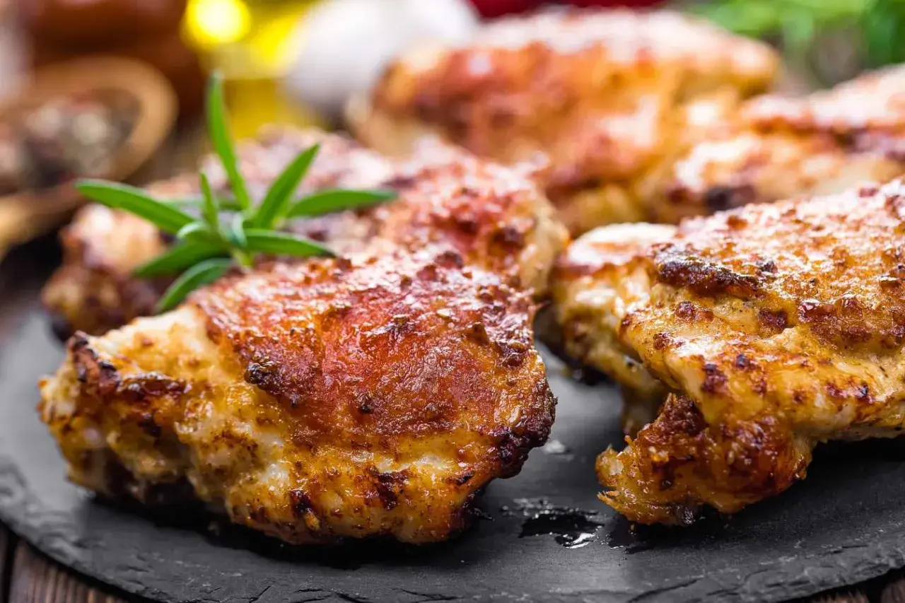 Délicieuses cuisses de poulet Cookeo dorées et croustillantes, garnies de romarin frais sur une assiette en ardoise.