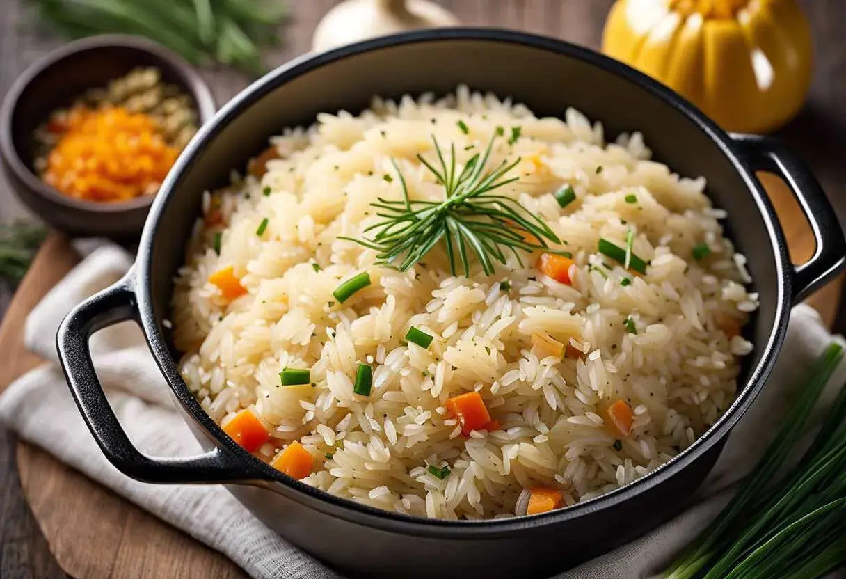 Un plat de riz pilaf aux carottes et oignons verts, garni d'une branche de romarin. Une recette simple et savoureuse.