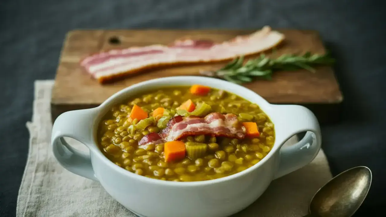 Un bol de soupe de lentilles réconfortante, garnie de lard croustillant et de dés de carottes. Une branche de romarin et du bacon cru sont disposés sur une planche à découper en arrière-plan.
