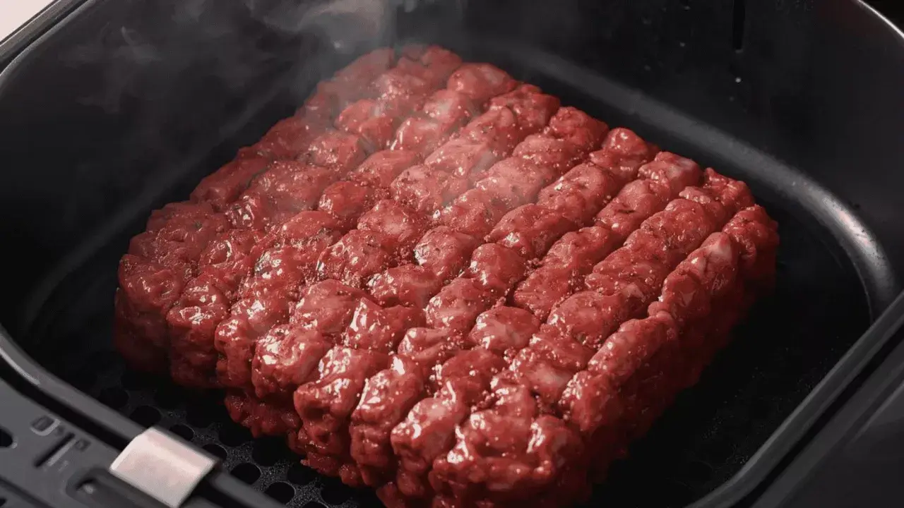 Un steak haché carré, assaisonné, cuit à la perfection dans un air fryer, dégageant une légère vapeur.