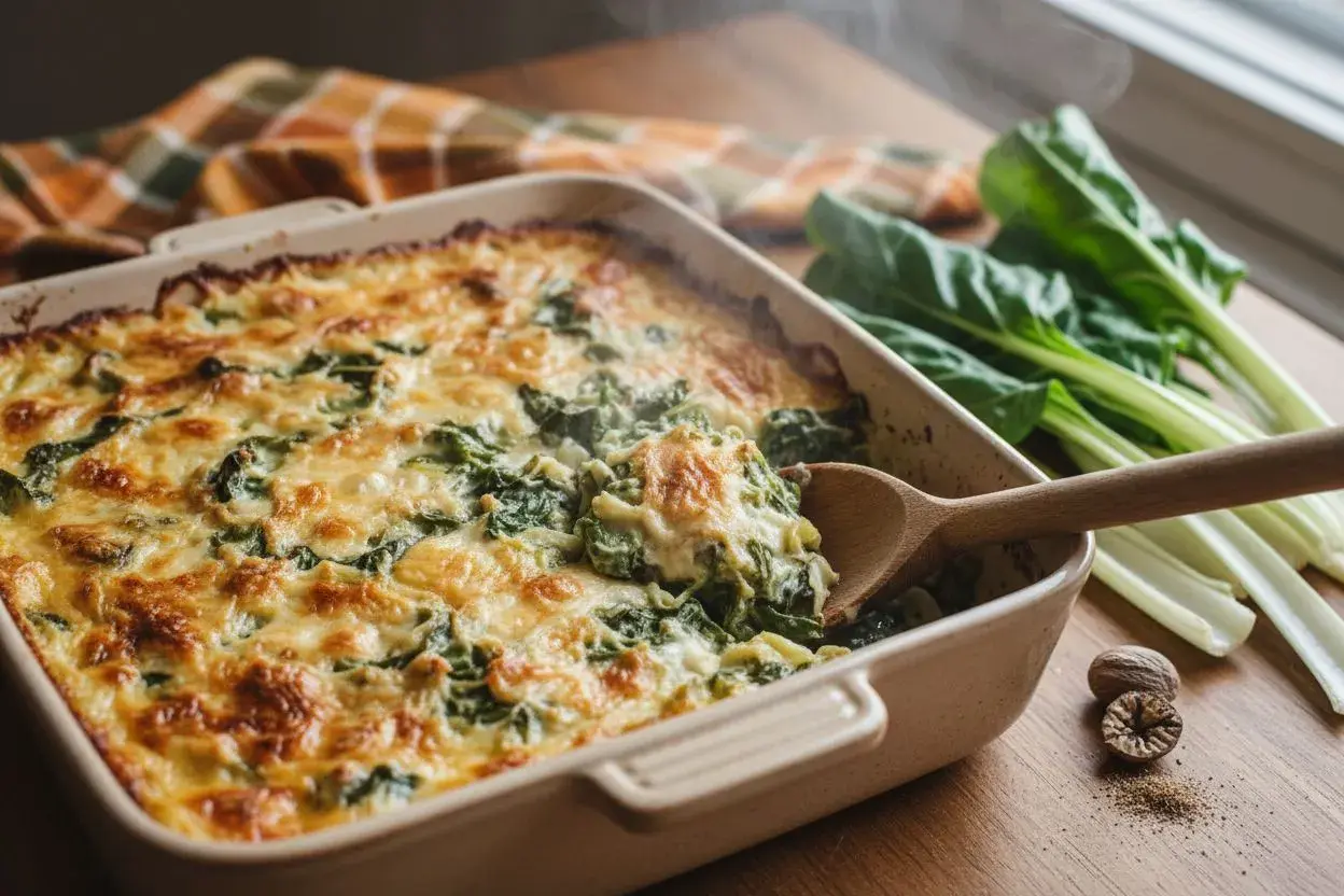 Un gratin de blettes fumant, doré et crémeux, servi à la cuillère en bois. Des blettes fraîches et des noix de muscade complètent ce plat réconfortant.