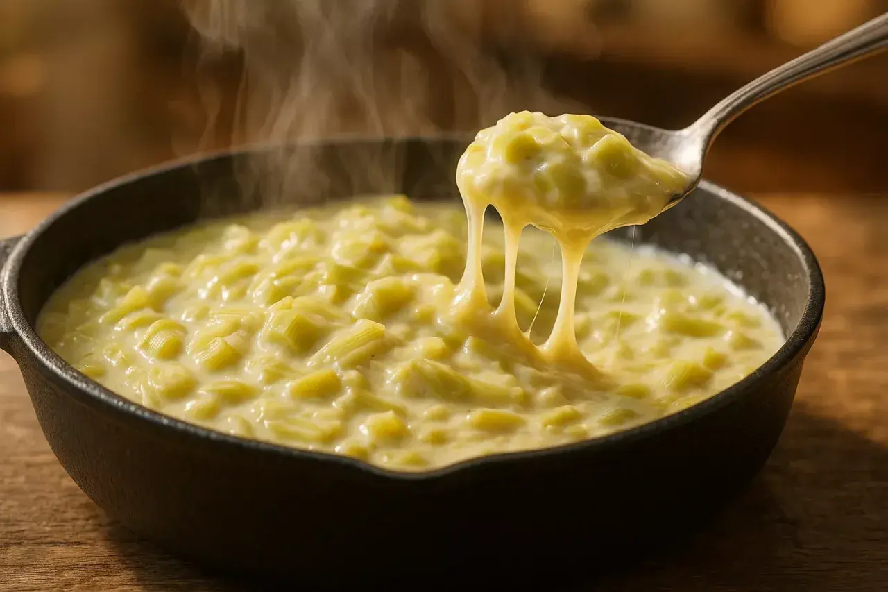 Une cuillère de fondue de poireaux crémeuse et fumante, prête à être dégustée. Une recette réconfortante.