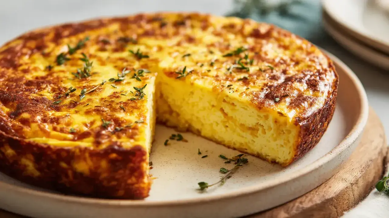 Une délicieuse quiche sans pâte dorée, garnie de thym frais, prête à être dégustée.