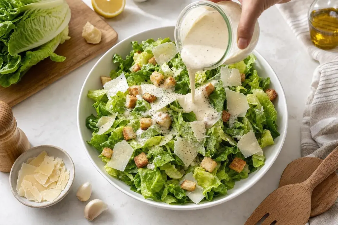 Une main verse une sauce crémeuse sur une salade César fraîche, garnie de croûtons dorés et de copeaux de parmesan.