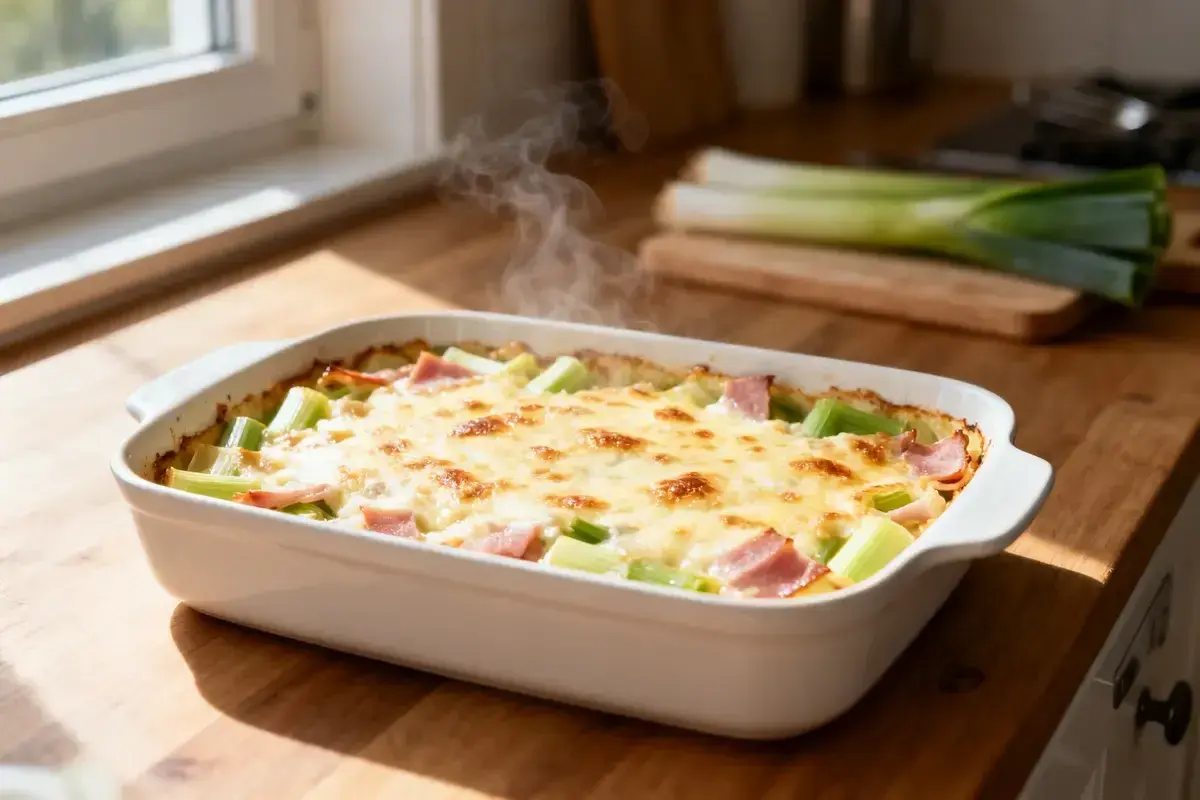 Gratin de poireaux au jambon, gratiné et fumant, prêt à être dégusté.