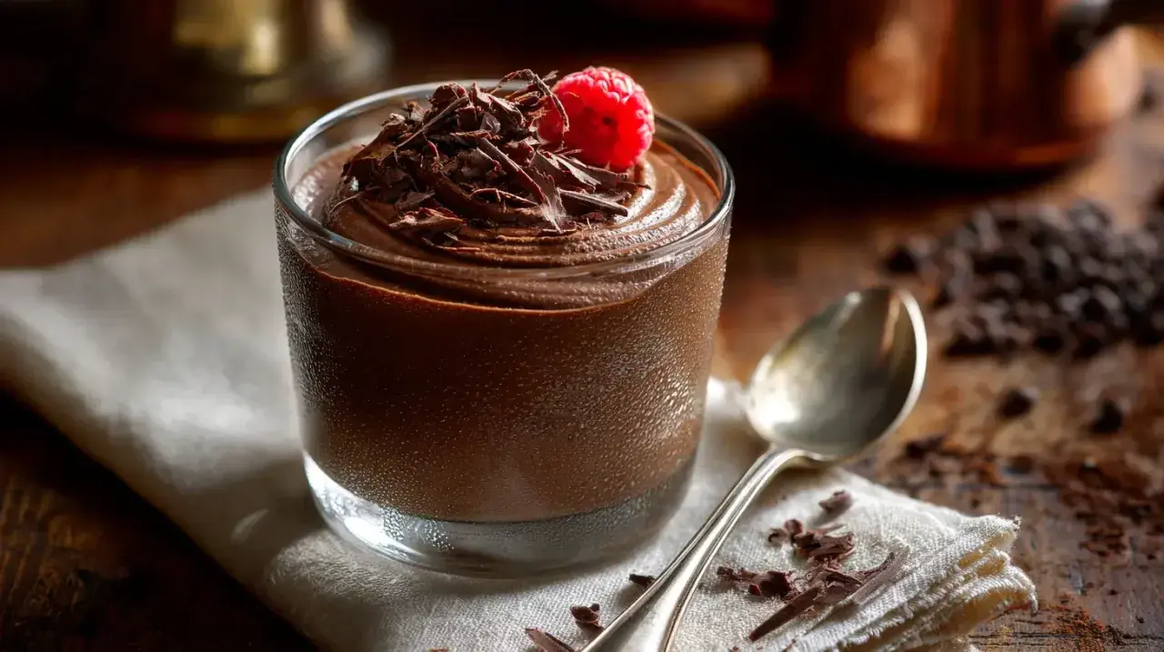 Délicieuse mousse au chocolat noir, garnie de copeaux de chocolat et d'une framboise fraîche. Un délice pour les amateurs de chocolat.